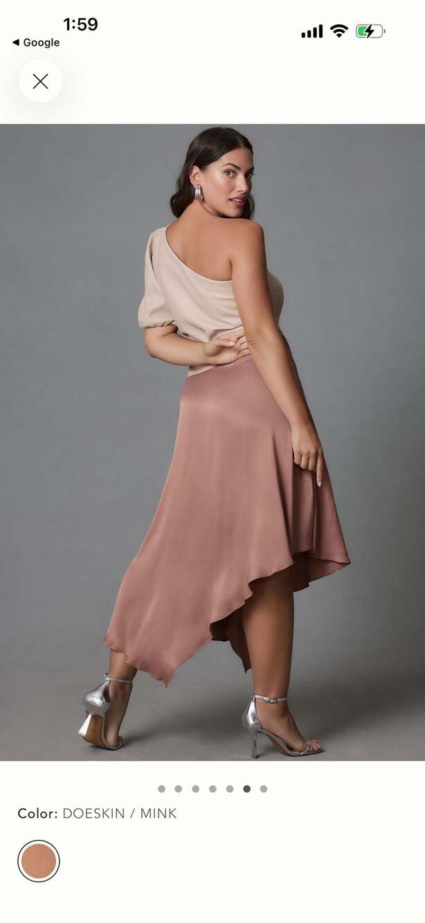 By Anthropologie Faux Leather One-Shoulder Asymmetrical Midi Dress in Doeskin/Mi - Picture 6 of 8